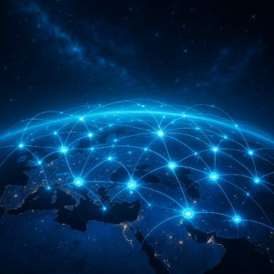 A digital painting of a futuristic interconnected global network, viewed from space with glowing neon nodes linking continents, dark cosmic background with bright electric blue lines.