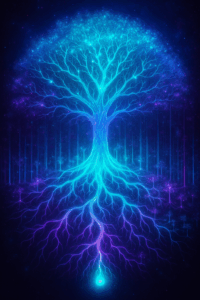 A bright abstract digital art of a small glowing seed morphing into a vast interconnected tree canopy, with mycelium-like roots and digital light strands, 