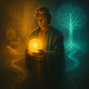 A glowing digital painting of young King Solomon bathed in golden light, holding a radiant orb symbolizing wisdom, standing at a crossroads.