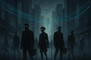 A stark, monochromatic digital cityscape representing the corporate world, dominated by cold glass towers.