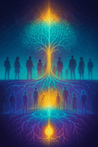 A vibrant conceptual image of a glowing seed growing into a radiant digital tree, with energy streams flowing upward and outward, connecting diverse people’s silhouettes in warm, welcoming light.