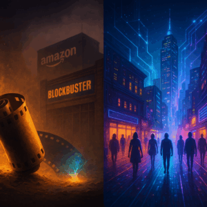A split-panel digital painting:
Left: Collapsing film roll, Blockbuster logo fading into static, Amazon warehouse looming behind.
Right: A radiant city of connected digital shoppers, human silhouettes walking neon-lit streets, empowered and free.