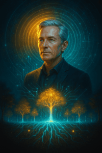 Oscar Bjers represented as a visionary leader (without direct likeness), standing before a luminous digital forest overlaid with mycelium-like networks and glowing concentric circles.
