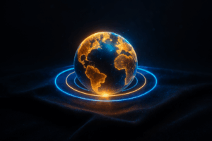 A digital jewel resting on a dark velvet surface – but the jewel is a miniature glowing Earth wrapped in concentric neon rings, radiating blue and gold light outward.