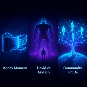 A banner featuring three illuminated neon thumbnail frames:
1st: Collapsing Kodak film morphing into digital shopping cart.
2nd: Small figure facing a giant digital robot (David vs. Goliath).
3rd: Mycelium network connecting glowing human silhouettes across continents.