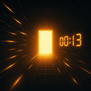 An open door of light at the end of a digital tunnel, flanked by a countdown timer or fast-moving data stream.