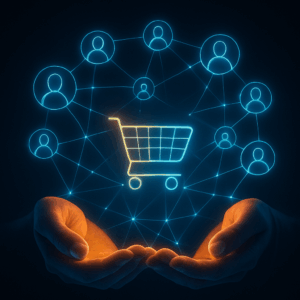 Hands holding a holographic shopping cart surrounded by glowing connection lines to friends, family, and affiliates.