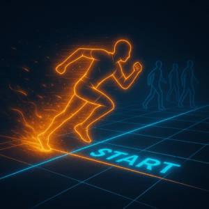 aArace start line where one figure is already sprinting ahead, leaving a trail of digital fire.