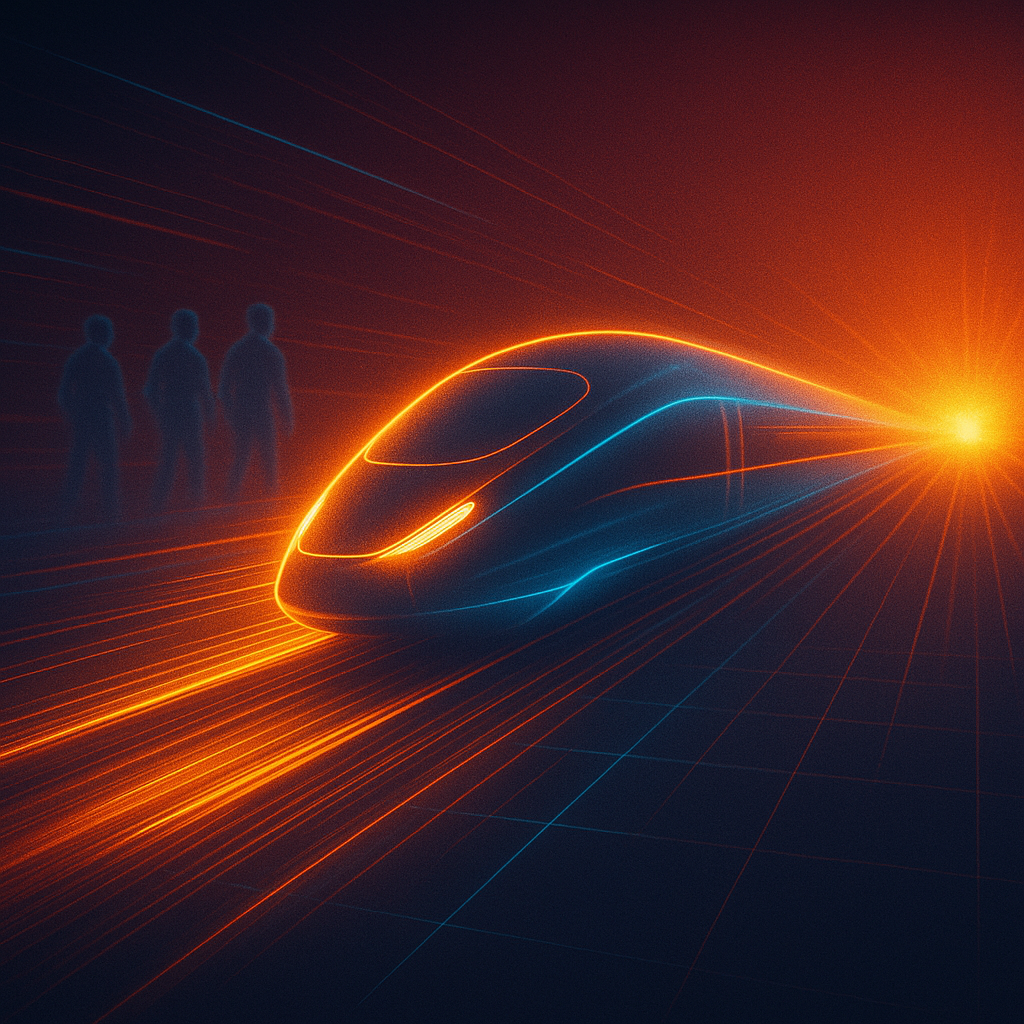 Image Concept:
A digital bullet train or hyperloop pod shooting into a glowing horizon, leaving behind blurred figures still standing on the platform.