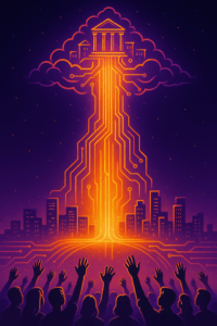 A glowing bridge of light stretching from a cloud-based Olympus down to a vibrant cityscape below, people reaching up to receive radiant energy.