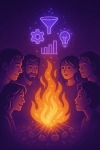Title: Campfire of Creation
A digital campfire encircled by diverse figures, their faces illuminated with wonder, while holographic tools (like funnels, gears, or marketing icons) hover in the flames.