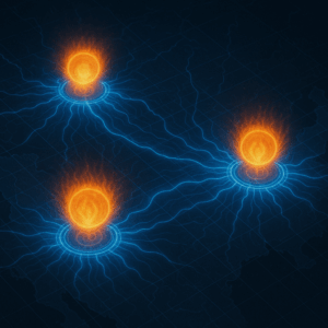 Three glowing PODs on a digital map, each interconnected with flowing light, symbolizing decentralized empowerment.