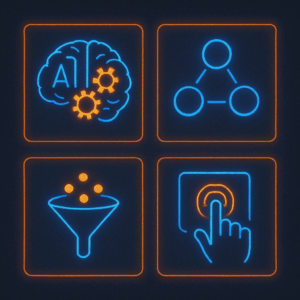 A glowing icon grid of 4 symbols:
AI Brain with gears
Interconnected POD circles
Flowing lead gen funnel
Simple touchscreen interface
