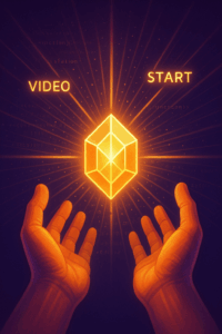 Close-up of hands holding a glowing geometric jewel emitting rays of coded light—each ray labeled: “Video,” “Call,” “Start.