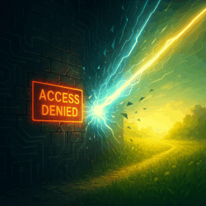 A radiant energy beam shattering an old digital wall marked “Access Denied,” revealing a lush field of growth (metaphor for opportunity).