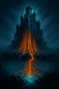 A massive fortress rising from digital ground grids, surrounded by glowing data streams flowing upward into the castle towers