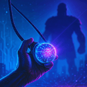 Close-up of David’s hand holding a glowing neon sling stone with digital rune patterns.