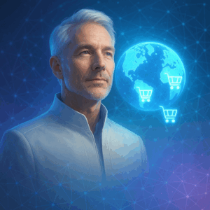 Portrait of a futuristic wise leader figure (representing Oscar Bjers), in sleek minimalist attire, standing before holographic shopping cart icons orbiting a digital Earth.