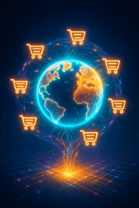 Digital Earth glowing with interconnected neon shopping cart icons linked by AI neural strands. 