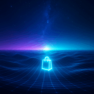 Small glowing shopping bag floating in a massive digital ocean grid with waves of data lines stretching into a bright horizon.