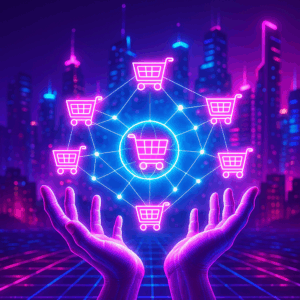 Outstretched glowing human hands holding digital shopping carts connected by light strands.