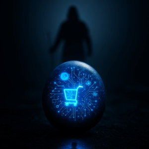 Close-up of a single smooth digital stone, glowing bright blue with fractal AI symbols inside.