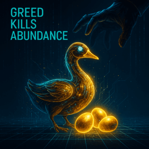 Cybernetic golden goose with glowing feathers, wires, and data streams laying radiant golden eggs onto a digital grid.