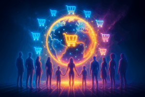 Diverse group of digital human silhouettes connected in a radiant circle around a glowing Earth embedded with neon shopping carts.