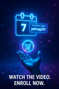 A futuristic glowing calendar floating above an outstretched cybernetic hand, Invitation Code displayed as a hologram, with neon light particles swirling around.