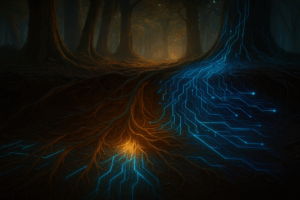  An image of glowing mycelium networks beneath a forest floor, half digital, half natural.