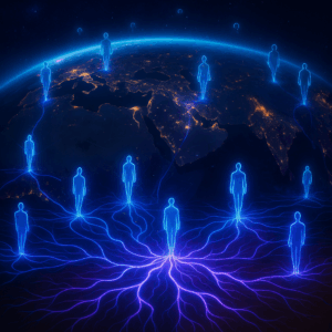 A digital illustration of a futuristic mycelium-inspired network connecting glowing human silhouettes across continents, viewed from space with an illuminated Earth in the background.