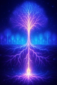 A metaphorical digital artwork of a single glowing seed transforming into a vast luminous tree with roots connecting to a forest of smaller glowing trees.