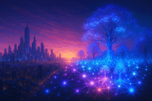 A futuristic cityscape merging into a thriving neon digital forest, glowing nodes representing people and commerce.