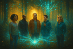 A digital artwork depicting people of diverse backgrounds standing in a glowing forest with neon light strands connecting them.