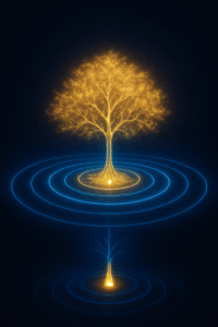 Abstract digital illustration showing a glowing seed becoming a vast illuminated tree, symbolizing reader action leading to abundance.