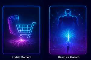 A clean futuristic image banner concept with two digital thumbnail frames side by side, each showing an abstract representation of the Kodak Moment (collapsing film roll morphing into shopping cart) and David vs. Goliath (small figure facing giant digital robot).
