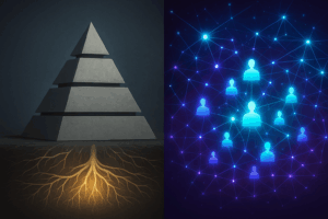 A side-by-side infographic concept showing two contrasting structures: left side a dull grey traditional pyramid hierarchy, right side a glowing decentralized network of interconnected light nodes with people silhouettes.