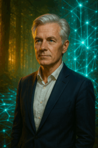 A digital portrait of an inspiring male tech visionary with Scandinavian features, clean suit, silver hair, thoughtful expression, standing in front of a glowing forest merged with a futuristic digital network of light nodes.