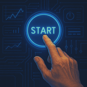 A futuristic dashboard interface with a giant “Start” button glowing at the center. A human hand (realistic, aged, representing the 45+ audience) reaching to activate it.