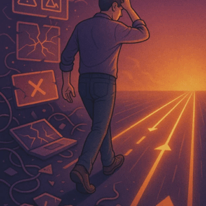 A frustrated figure surrounded by shattered tutorials, error messages, and tangled cords — stepping forward onto a clean, glowing digital path that stretches ahead like a runway