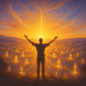 A figure standing on a hilltop at sunrise, arms raised, with streams of light connecting to countless smaller glowing figures across the landscape.