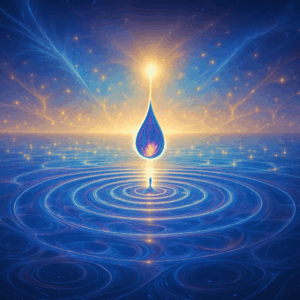 A single drop falling into still water, expanding into ripples that overlap with many others, forming a glowing lattice across the surface.