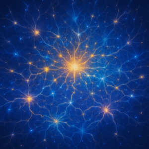 A fractal network of glowing nodes—at first only a few lit, then suddenly the whole web illuminates in cascading brilliance.