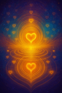 Concentric rings of golden energy radiating from a heart at the center, merging with other hearts around it.