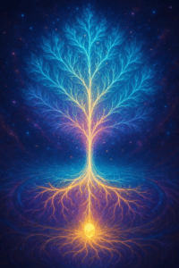  A single glowing seed sprouting into branching light, roots and branches forming a tree made of starlight.