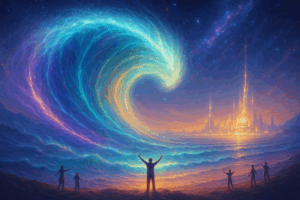 A massive glowing wave rising over a luminous city of light, not destructive but radiant and life-giving.