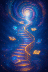 A spiral staircase of light leading upward into a cosmic portal, with books and glowing screens floating along the path, symbolizing learning and growth.