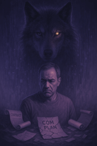 A ghostly wolf emerging from digital mist, behind a skeptical figure surrounded by broken promises (scrolls, contracts, cracked comp plans).