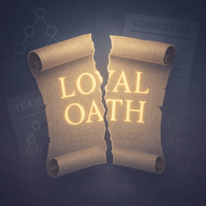 A ceremonial scroll torn in half, with fading gold text, over a background of a dissolving commission chart and faded team tree.