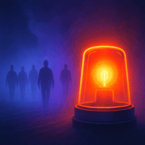 A glowing, red-orange beacon breaks through fog while the background shows shadowy figures walking away unaware.